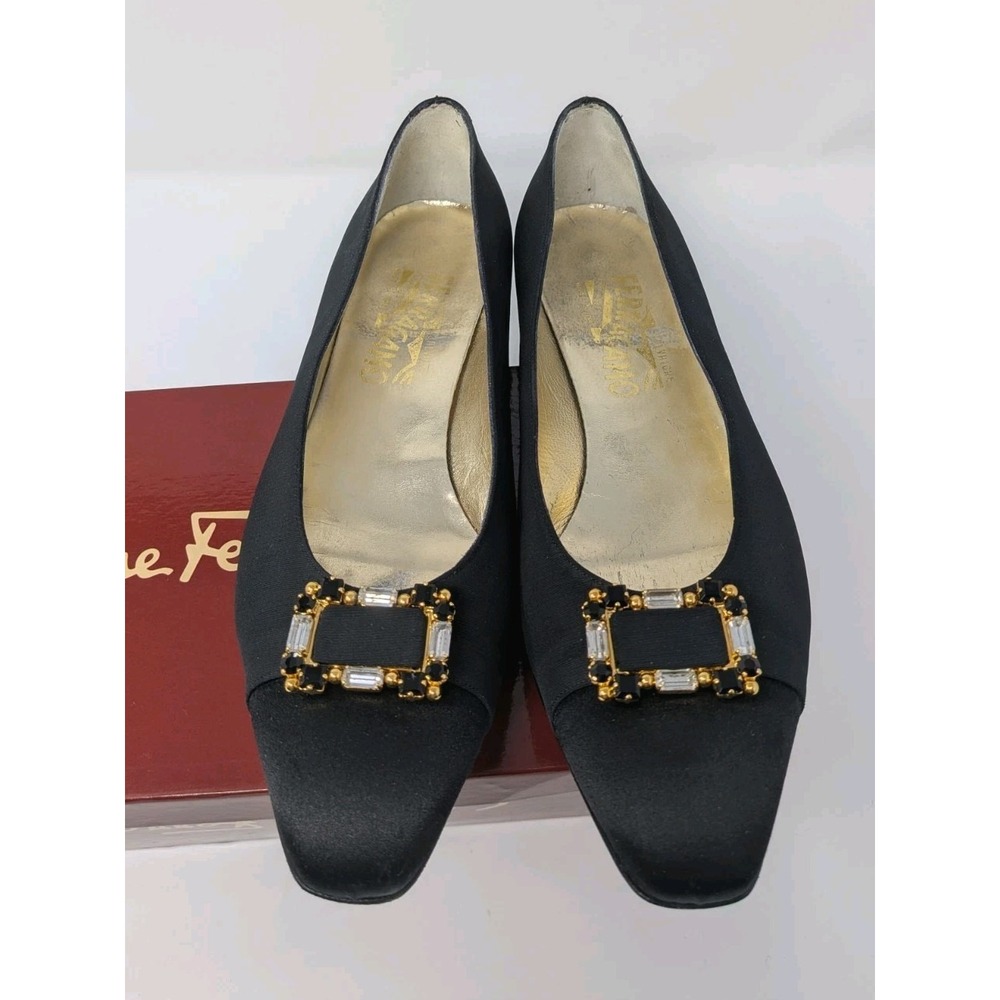 Salvatore Ferragamo Black Silk Satan Gold Gem Buckle Eve Narrow 9 B $350